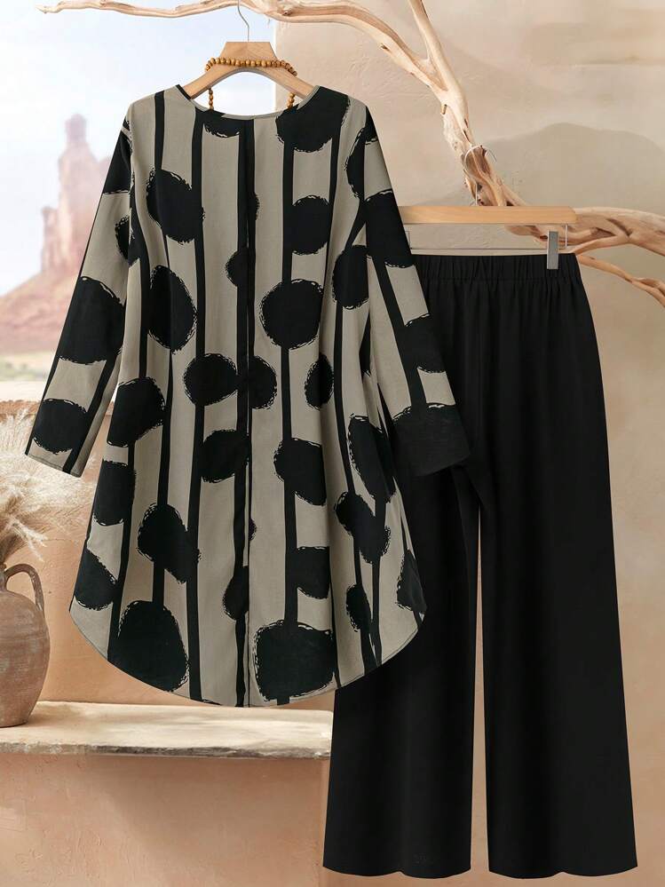 Rusticease Plus Size Women 2pcs Set Geometric Print Round Neck Long Sleeve Asymmetric Hem Top And Pants, Casual, Winter Set - Multicolor - View 2