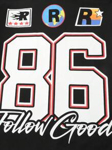 ROMWE MEN Street Life Men's Letter Print Loose Cropped Hoodie Sweatshirt, Street Style For Autumn/Winter - Black - View 5