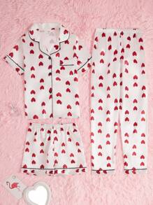 SHEIN 3pcs Set Girls Cute Heart Print Short Sleeve Top And Pants/Shorts Home Outfit, Red & White Color - Red and White - View 1