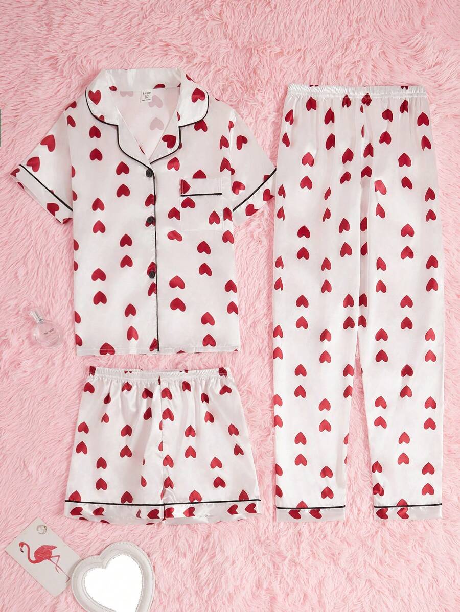 SHEIN 3pcs Set Girls Cute Heart Print Short Sleeve Top And Pants/Shorts Home Outfit, Red & White Color - Red and White - View 1