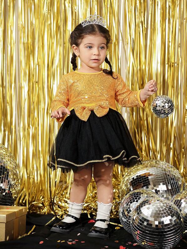 SHEIN Gold Sequin Black Contrast Baby Girl's Party Dress With Tulle Skirt & Bow Set For Celebration & New Year
