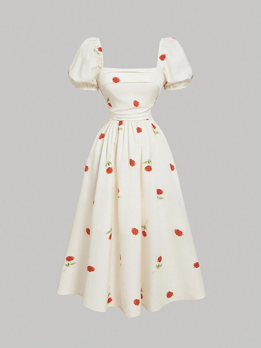 SHEIN MOD White Background Rose Flower Puff Sleeve Chest Pleated Waist Cinch Princess Mid-Length Dress - Apricot - View 1