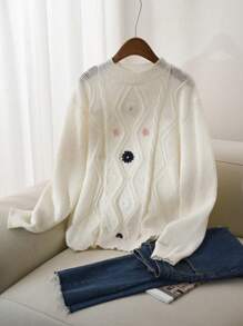 SHEIN Frenchy Plus Size Crew Neck Floral Embroidery Simple Casual Pullover Sweater - Multicolor - View 6