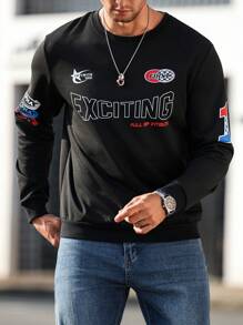 Manfinity Sport Corelite Boyfriend Style Men's Casual Round Neck Letter Print Long Sleeve Pullover Sweatshirt, Active Wear Graphic Sports Sweatshirt - Black - View 4