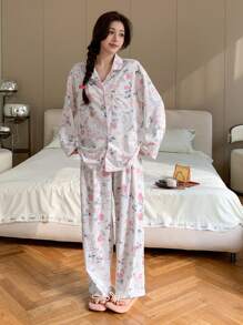 DAZY Floral Print Contrast Color Trim Long Sleeve Pajama Set