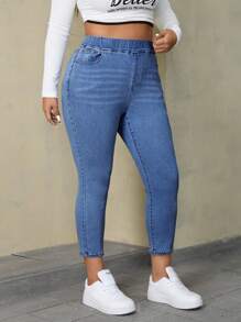 SHEIN ICON Celana Jeans Denim Kasual Slim Fit dengan Kantong Sederhana Ukuran Plus - Medium Wash - View 5