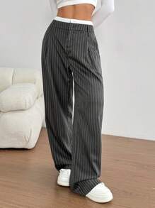 Flirla Contrast Waistband Striped Print Casual Versatile Pocket Pants Fall Cloth For Women - Grey - View 3