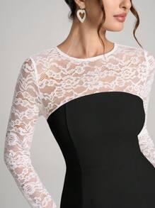 SHEIN Belle 女士正式晚礼服，时尚秋冬宴会聚会名媛优雅日常穿着弹力面料紧腰舞会礼服，婚礼宾客礼服 - 黑色 - 查看 7