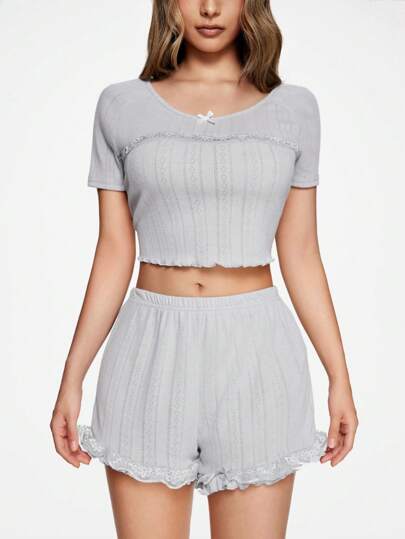 Kawaii Soft And Skin-Friendly Breathable Knitted Texture Lace Patchwork Bow Decor Women Pajama Set