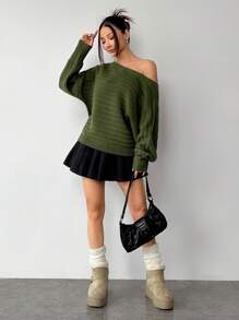 SHEIN PETITE Women's Long-Sleeved Over-The-Shoulder Sweater Can Be Worn Across The Shoulder For A Slouchy Look In Fall/Winter