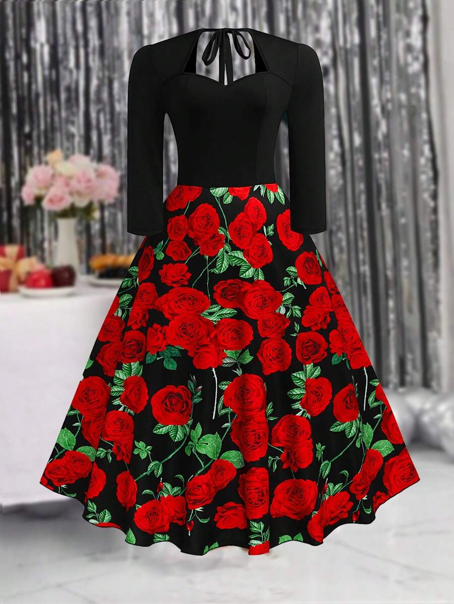 SHEIN Clasi Plus Size Women Keyhole Neckline Short Sleeve Tie Back Digital Print Elegant Midi Dress Maxi Women Outfit