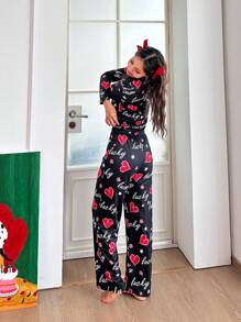SHEIN Teen Girl Heart & Letter Graphic Round Neck Long Sleeve, Loose Casual Comfortable 2 Pcs Pajama Set, Suitable For Valentine's Day