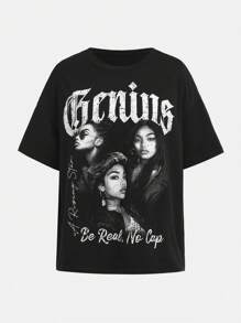 2 pezzi Set ragazza giovane: Maglietta larga con stampa ritratto e lettera stile hip hop, pantaloni cargo con pieghe
