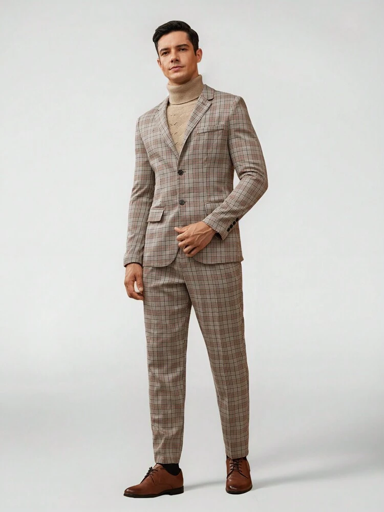 Men Plaid Single Breasted Blazer & Pants Set