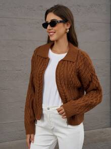 INAWLY Women's Autumn/Winter Turtleneck Zip-Up Retro Ribbed Knitted Cardigan Sweater - Khaki - View 3