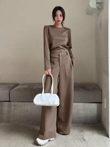 DAZY Solid Color Round Neck Cropped Sweatshirt And Wide Leg Pants 2 Pieces Set For Women,Fall Clothes - Brown - View 7