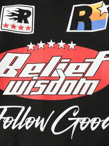 ROMWE MEN Street Life Men's Letter Print Loose Cropped Hoodie Sweatshirt, Street Style For Autumn/Winter - Black - View 6