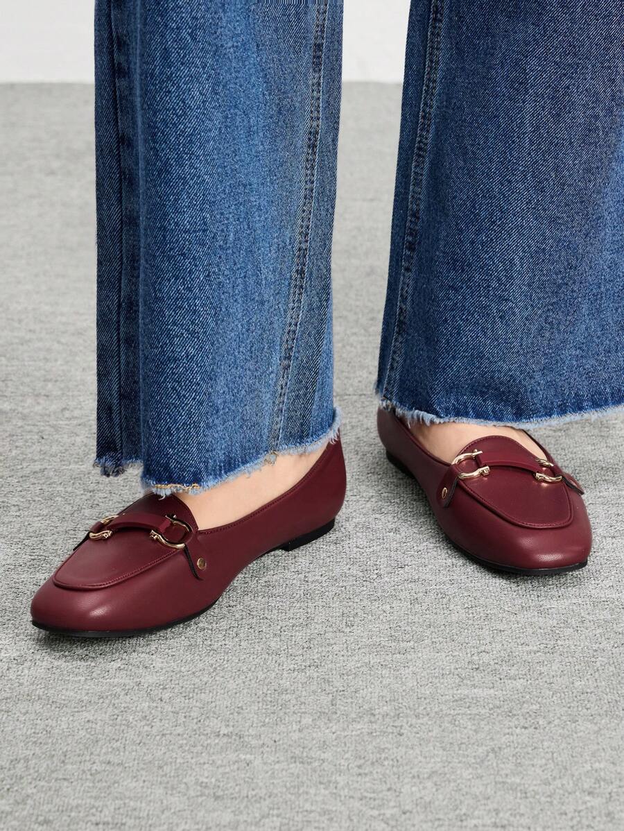 CUCCOO BIZCHIC Women Square Toe Flat Brown Rhinestone Decor Casual Comfort Loafer Shoes Valentine's Day - Burgundy - View 1