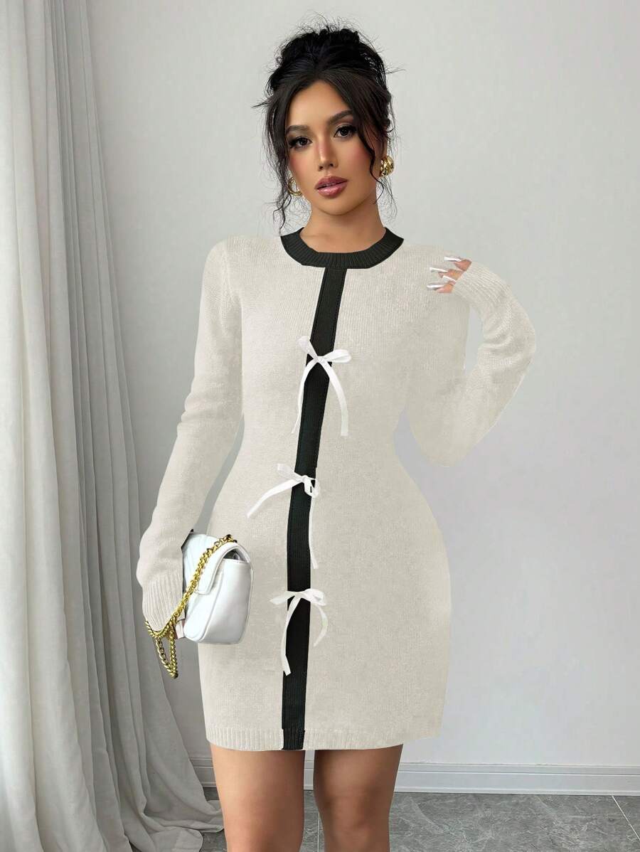 Elenzga Bowknot Contrasting Patchwork Women Sweater Dress