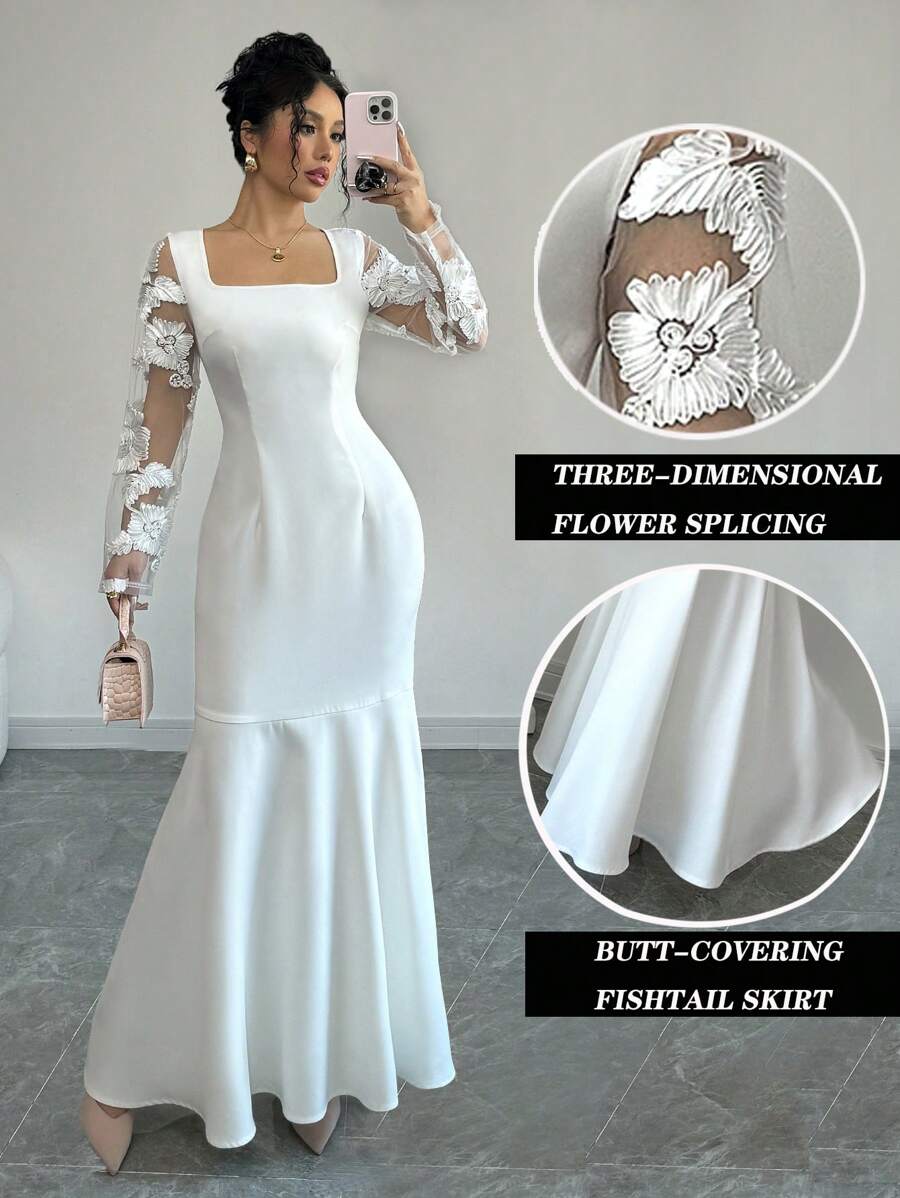 Rafferiza Đầm Maxi Bodycon Cổ Vuông Thanh Lịch Cho Nữ Trang Phục Nữ - trắng - Xem 1