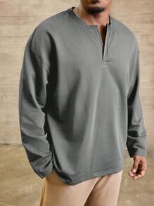 Manfinity Homme 大码男士休闲纯色落肩长袖 T 恤，秋季 - 灰色 - 查看 1