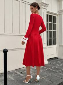 SHEIN Unity Vestido elegante de manga larga con cuello en V, de estilo de parche de encaje floral en forma de línea A, para la primavera/otoño como atuendo de Año Nuevo para mujeres, vestido largo - Rojo - Ver 2