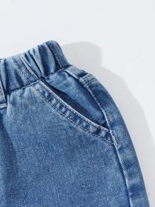 Young Girls Elastic Waist Adjustable Drawstring Relaxed Fit Floral Embroidered Multi-Pocket Denim Straight Leg Pants, Light Blue, School, Campus, College - Medium Wash - View 8