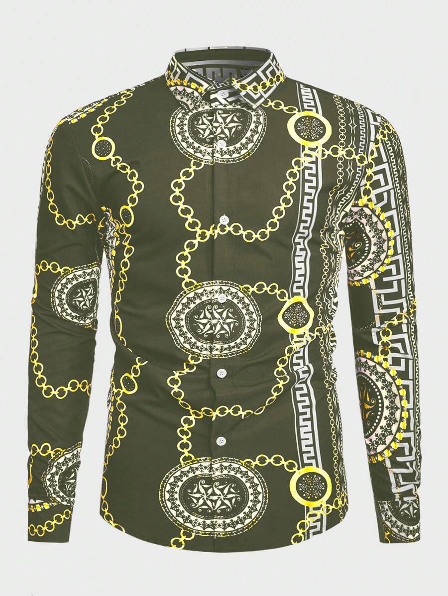 Manfinity AFTRDRK Men's All-Over Print Button-Up Casual Versatile Long Sleeve Shirt - Yellow - View 1