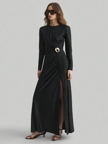 Ontre Long Sleeve Knit Dress, Material, Women's Clothing 2025 New Spring Collection, Black Color V-Neck Long Sleeve High Slit Elegant Sexy Dress, Women's Spring/Summer Clothing, Metal Decor - Black - View 3