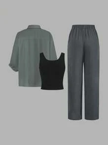 SHEIN LUNE 3-Piece Women Monochrome Plaid Outfit Set - Blouse, Blazer And Wide Leg Pants, Stylish & Slimming Design, Autumn 2024 New Arrivals Y2k Vacation - Grey - View 2