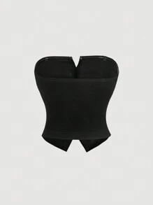 SHEIN MOD 无肩带黑色优雅天鹅绒上衣，正面饰有蝴蝶结，新年上衣，短款上衣，上衣，派对女士服装 - 黑色 - 查看 2