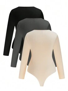 Calvaya Plus Size Solid Color Round Neck Slim Fit Casual All-In-One Bodysuit, Long Sleeve, For Winter - Multicolor - View 2