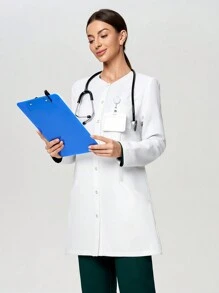 Scrubzie 抗皱凉爽触感女式长袖单排扣口袋实验室大衣/白大衣 - 白色 - 查看 3