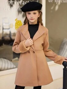 SHEIN Tween Girl Elegant And Wool Coat With Collar And Fur Cuffs, Suitable For Various Outdoor Events, Spring/Autumn/Winter - Mocha Brown - View 1