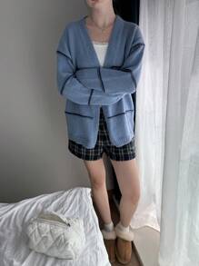 SHEIN EZwear Gentle Blue Minimalist Jacquard Pattern Cardigan For Women, Suitable For Autumn/Winter - Blue - View 5