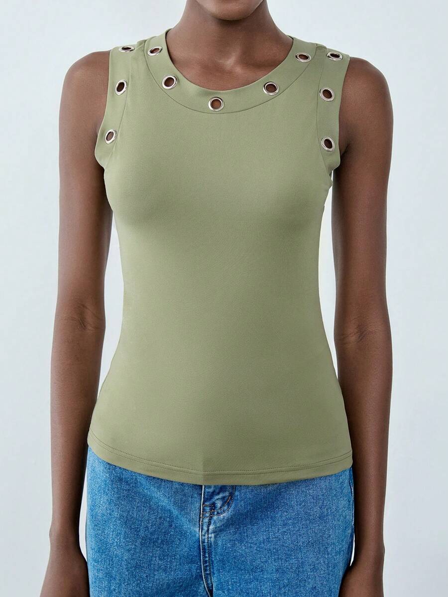 Chiquease High Elastic Knitted Fabric Solid Color Crew Neck Hollow Metal Ring Sexy Casual Commuter Y2K Street Fashion Women Tank Top, Spring/Summer Graphic Tees Women Tops - Army Green - View 1