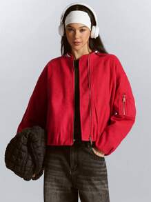 Aveloria GENKIRA Retro Baseball Jacket With Color Blocking Striped Rib Knit, Loose Fit Warm Ladies Bomber Coat  Fall Cloth For Women - Burgundy - View 5