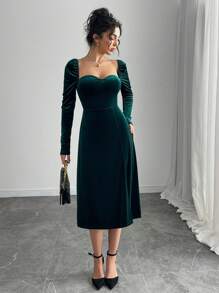 INAWLY Women's Fashion Sexy & Elegant Velvet Slit Dress Fall Cloth For Women - Dark Green - View 1