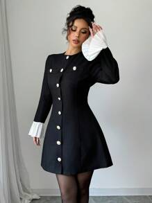 Elenzga Vestido corto negro sexy y elegante con decoración de botón metálico y volantes en los puños, con silueta de línea A