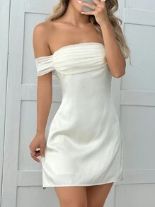 SHEIN EZwear Women's Solid Color Knotted Off Shoulder Mini Dress, Elegant - Apricot - View 5