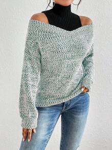 SHEIN LUNE Women's Casual Open Shoulder Pullover 2 In 1 Sweater, Minimalist Design For Daily Wear Knit Pullover Fall Winter