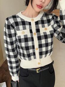 DAZY Cárdigan a cuadros en contraste para mujer, minimalista y casual para uso diario, ropa de otoño - Albaricoque - Ver 4