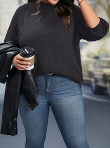 SHEIN LUNE Plus Size Women Stand Collar Solid Color Raglan Sleeve Long Sleeve Casual Pullover Sweater, Autumn/Winter