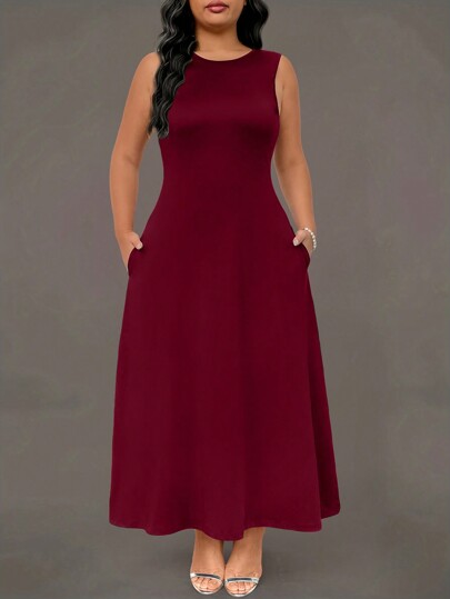 SHEIN Unity 大码女式针织圆领无袖侧袋简约优雅直筒连衣裙酒红色长款女装