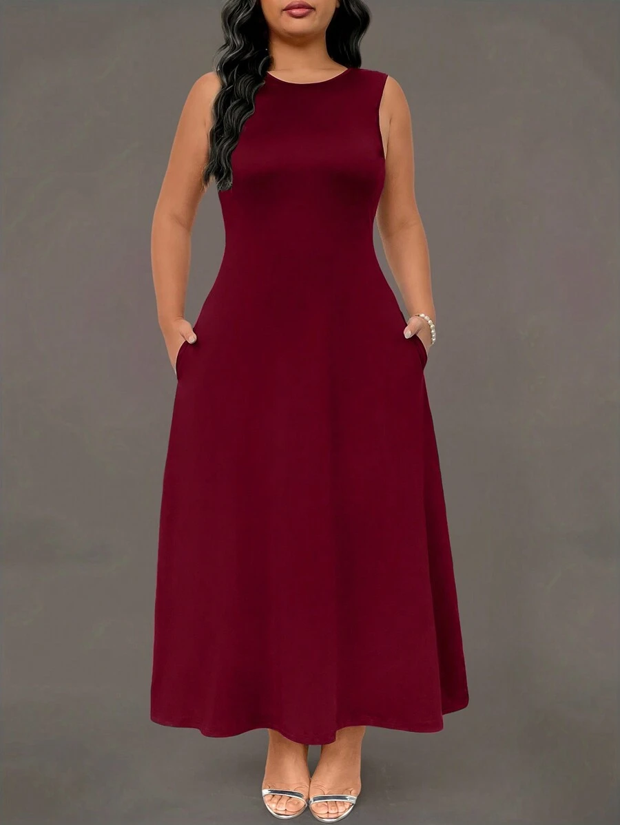 SHEIN Unity Đầm Maxi Không Tay Cổ Tròn Dệt Kim Có Túi Bên Hông Đơn Giản Thanh Lịch Cho Nữ Size Lớn - Màu Đỏ Sâu - Xem 1