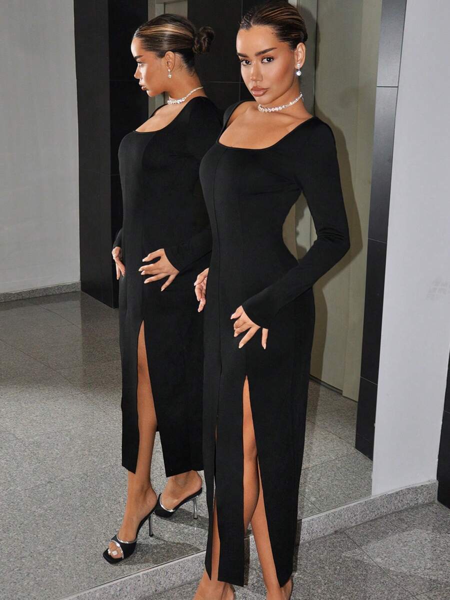 SHEIN ICON Women Long Y2K Black Square Neck Side Slit Dresses - Black - View 1