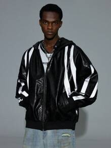 NEON BLANC Men's Leather Jacket With Reflective Digits,Black Autumn Streetwear Holiday Hooded Long Sleeve Athletic Hiking Rapper Jacket,Gifts For Husband,Fall - Black - View 2