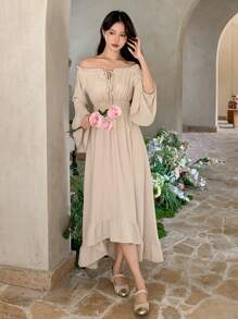 DAZY Robe mi-longue à manches évasées et épaules dénudées, taille avec lien, couleur unie, pour vacances. Volants, automne/hiver - Blanc - Voir 9