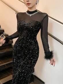 DAZY 女式亮片撞色网眼中长连衣裙，新年礼服，舞会礼服，派对礼服，秋季服装，返校节礼服，奢华 - 黑色 - 查看 6
