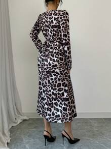 SHEIN Unity Robe femme élégante à imprimé léopard, col en V, taille péplum, ourlet en queue de poisson, robe longue automne pour femme - Multicolore - Voir 2